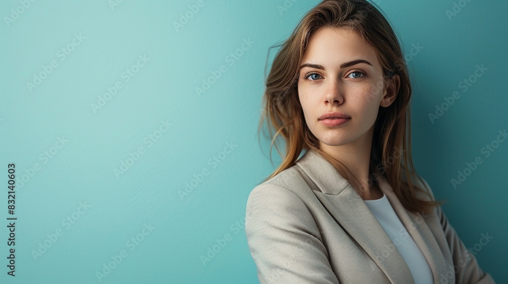 Bold close-up of a successful businesswoman, her face illuminated against a vibrant light blue backdrop with a minimalist left side Bold close-up of a successful businesswoman, her face illuminated against a vibrant light blue backdrop with a minimalist left side