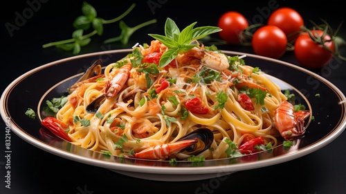 Gourmet seafood pasta dish with fresh ingredients and elegant plating
