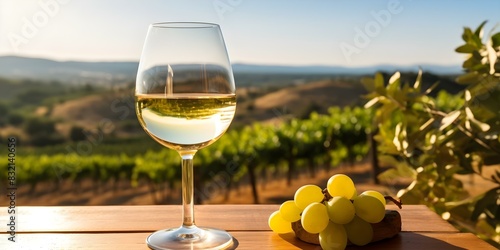 White Wine in a Glass with a Sunny Vineyard Background. Concept Wine Tasting, Vineyard Landscape, Glassware Photography, Wine Lover's Delight, Wine Country Views