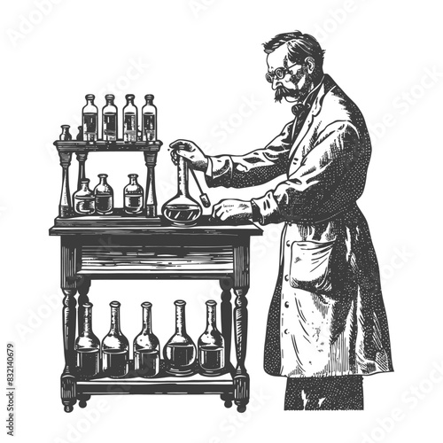 chemist in action with old engraving style black color only