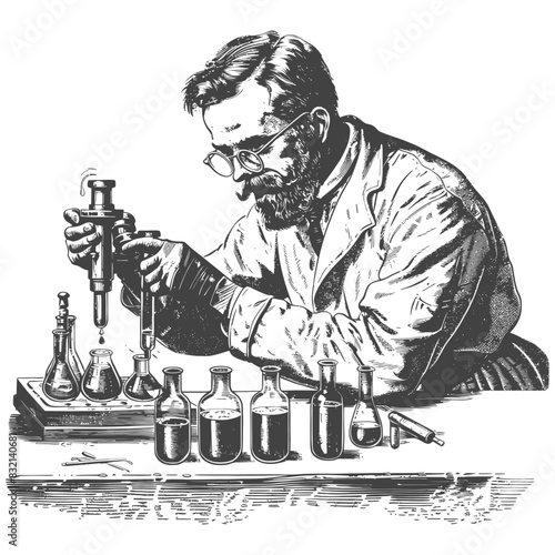chemist in action with old engraving style black color only