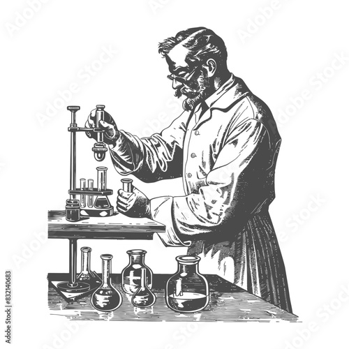 chemist in action with old engraving style black color only