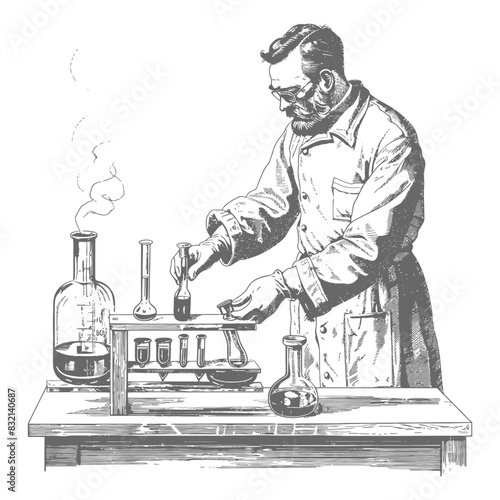 chemist in action with old engraving style black color only