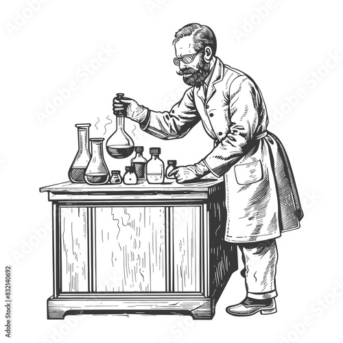 chemist in action with old engraving style black color only