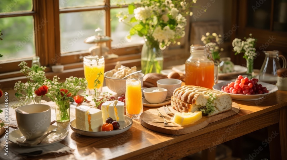 Rustic farmhouse breakfast spread, wooden table Rustic farmhouse breakfast spread, wooden table