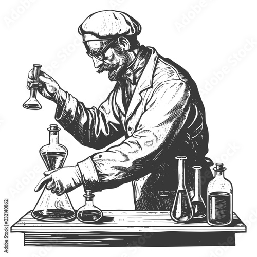 chemist in action with old engraving style black color only