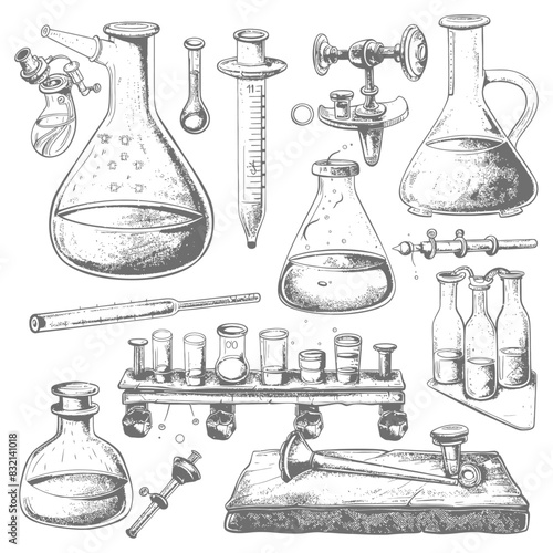 chemistry laboratory equipment with engraving style black color only