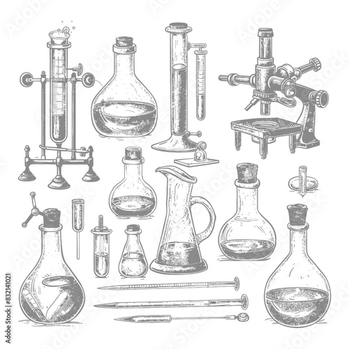 chemistry laboratory equipment with engraving style black color only