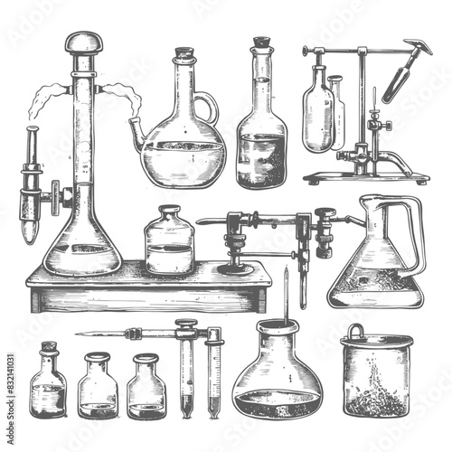 chemistry laboratory equipment with old engraving style black color only