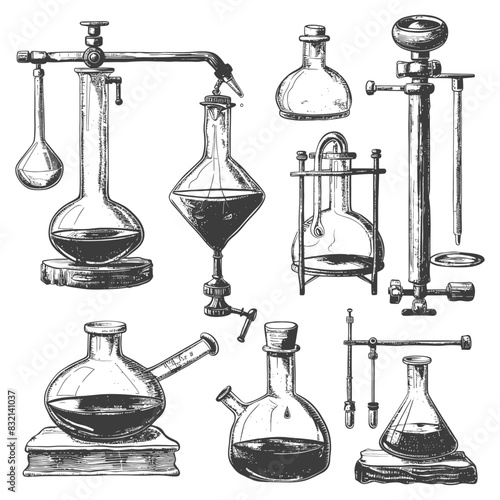 chemistry laboratory equipment with old engraving style black color only