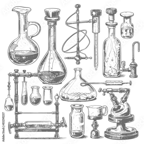 chemistry laboratory equipment with old engraving style black color only