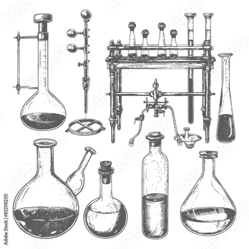 chemistry laboratory equipment with old engraving style black color only