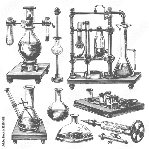chemistry laboratory equipment with old engraving style black color only