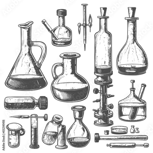 chemistry laboratory equipment with old engraving style black color only
