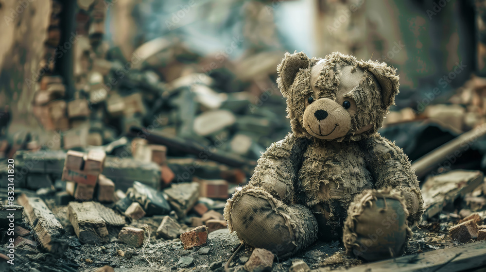 Close-up of dirty shabby teddy bear against burned house destruction of consequences of military conflict. Generative AI Close-up of dirty shabby teddy bear against burned house destruction of consequences of military conflict. Generative AI