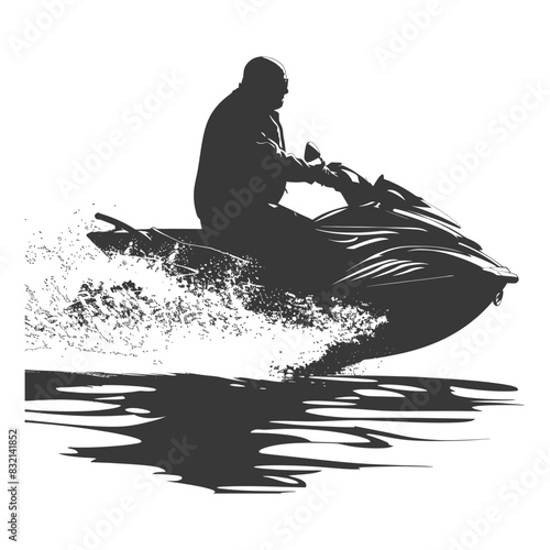 silhouette fat man riding jet ski full body black color only