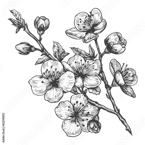 Cherry blossoms or sakura flower with old engraving style black color only