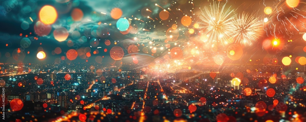 A vibrant cityscape at night glows under a spectacular display of fireworks, creating a festive atmosphere with colorful lights and celebrations.