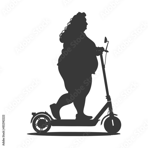 Silhouette of Overweight Woman Riding Electric Scooter.