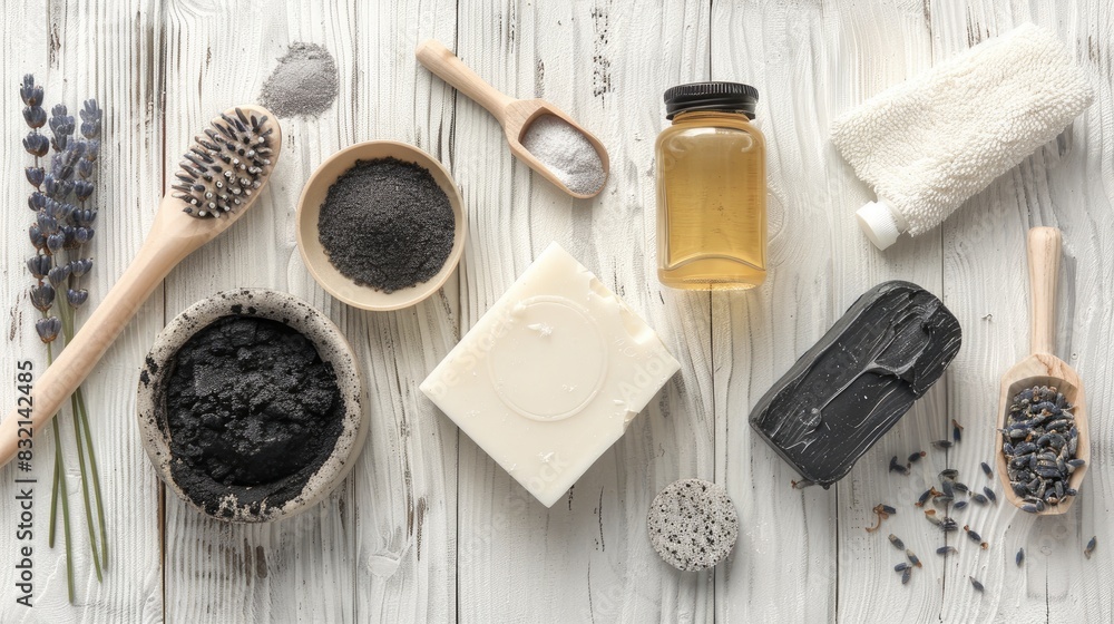 Spa items on a white wooden table black mud and clay powder skincare lotion cleansing bar bath salt shea butter and lavender Spa items on a white wooden table black mud and clay powder skincare lotion cleansing bar bath salt shea butter and lavender