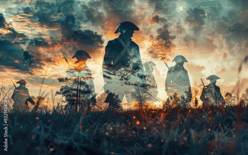 Surreal layered image of soldiers marching at sunset. Rolling clouds create a dramatic, haunting atmosphere. Artistic representation of history.