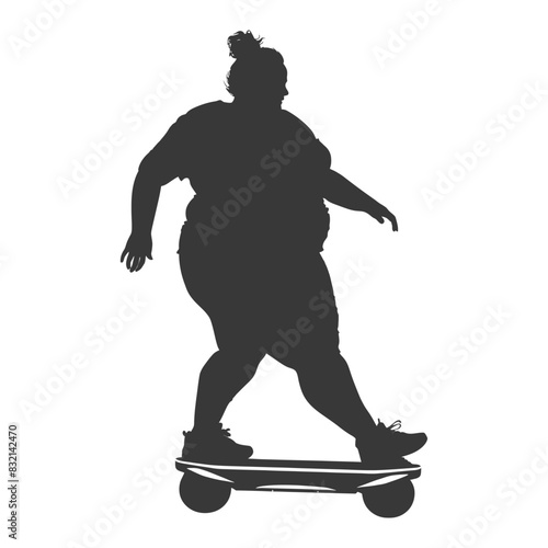 silhouette fat woman riding hoverboard full body black color only