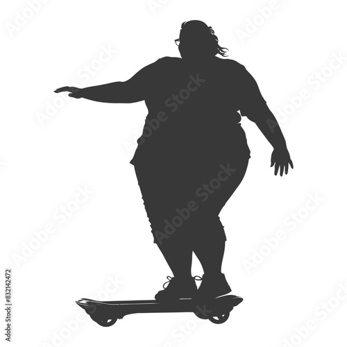 silhouette fat woman riding hoverboard full body black color only