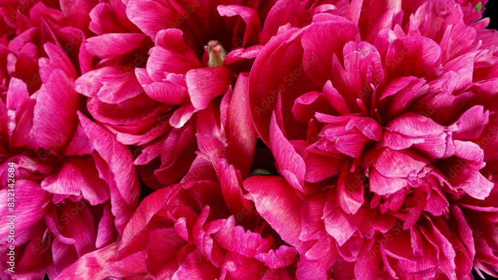 Red Peonies Bouquet Blooming in Time Lapse on a Black Background. Tender Flowers Moving Petals Close Up While Blossoming Red Peonies Bouquet Blooming in Time Lapse on a Black Background. Tender Flowers Moving Petals Close Up While Blossoming