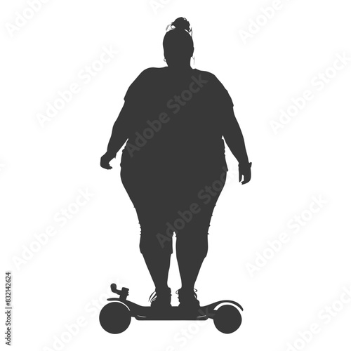 silhouette fat woman riding hoverboard full body black color only
