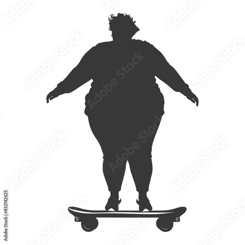 silhouette fat woman riding hoverboard full body black color only