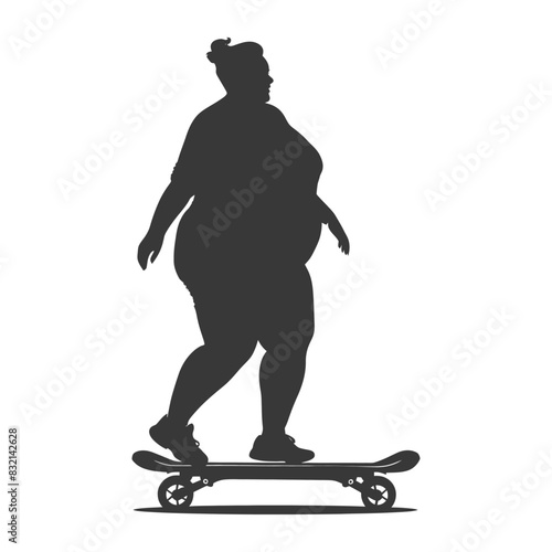 silhouette fat woman riding hoverboard full body black color only