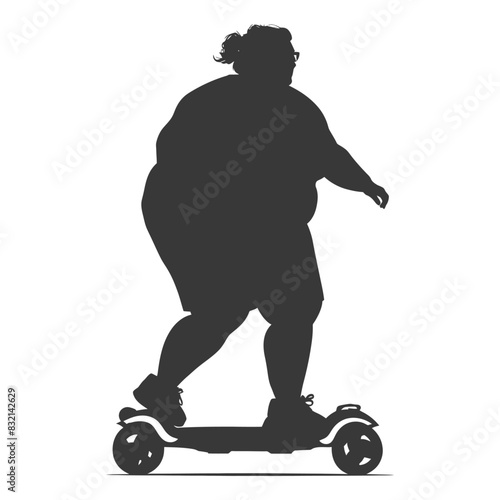 silhouette fat woman riding hoverboard full body black color only