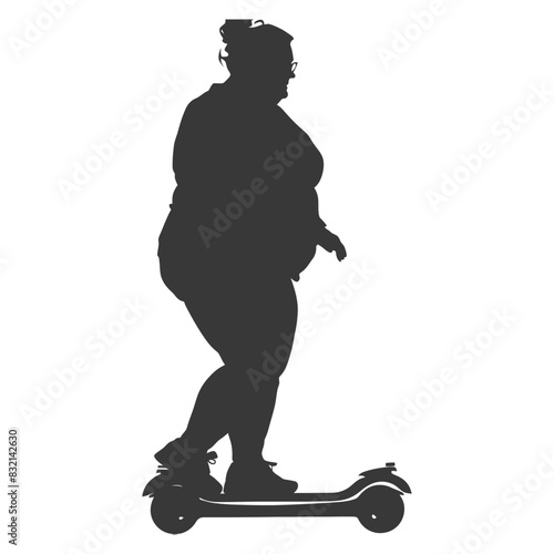 silhouette fat woman riding hoverboard full body black color only