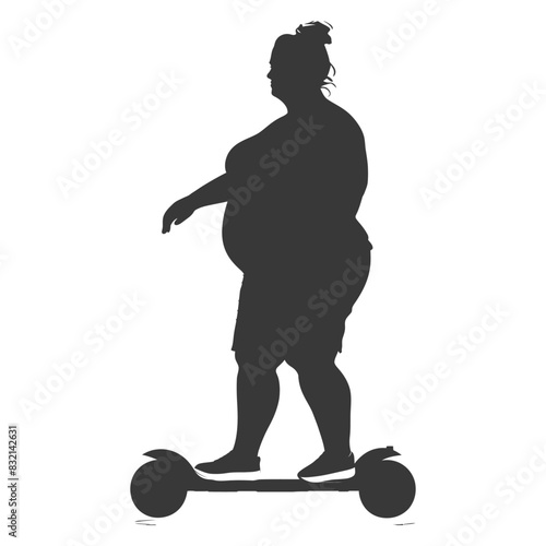 silhouette fat woman riding hoverboard full body black color only