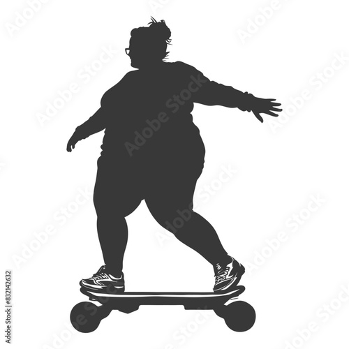 silhouette fat woman riding hoverboard full body black color only