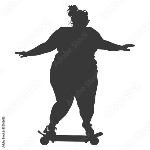 silhouette fat woman riding hoverboard full body black color only