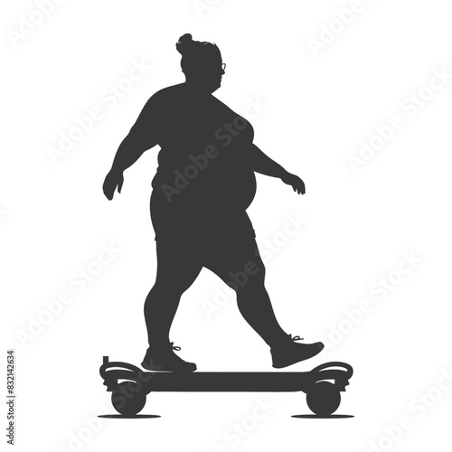 silhouette fat woman riding hoverboard full body black color only