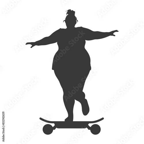 silhouette fat woman riding hoverboard full body black color only