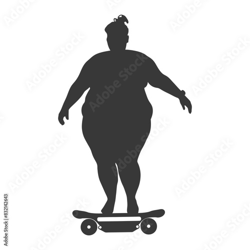 silhouette fat woman riding hoverboard full body black color only