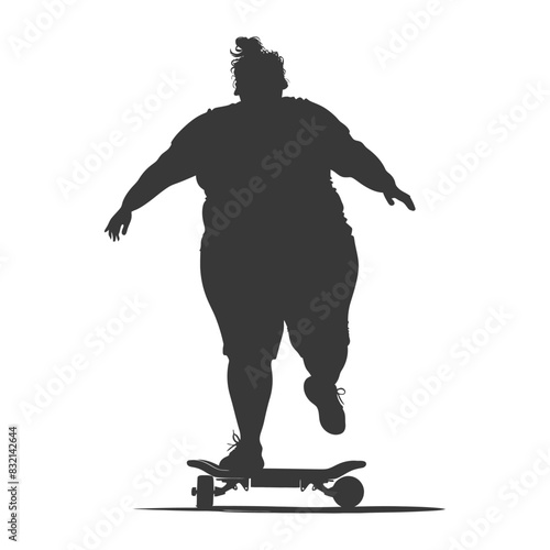 silhouette fat woman riding hoverboard full body black color only