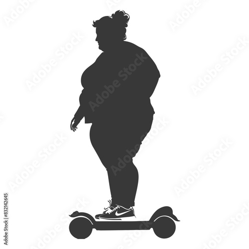 silhouette fat woman riding hoverboard full body black color only