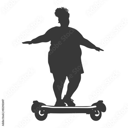 silhouette fat woman riding hoverboard full body black color only