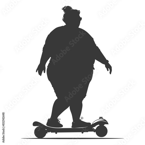 silhouette fat woman riding hoverboard full body black color only