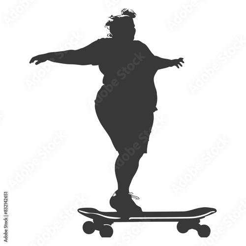 silhouette fat woman riding hoverboard full body black color only