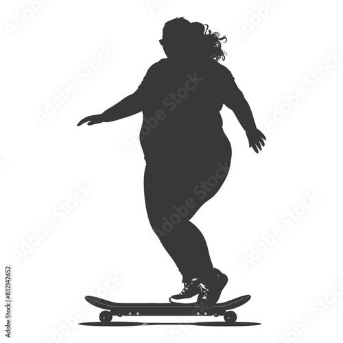 silhouette fat woman riding hoverboard full body black color only