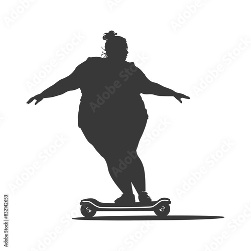 silhouette fat woman riding hoverboard full body black color only