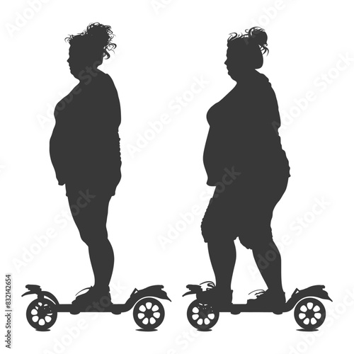 silhouette fat woman riding hoverboard full body black color only