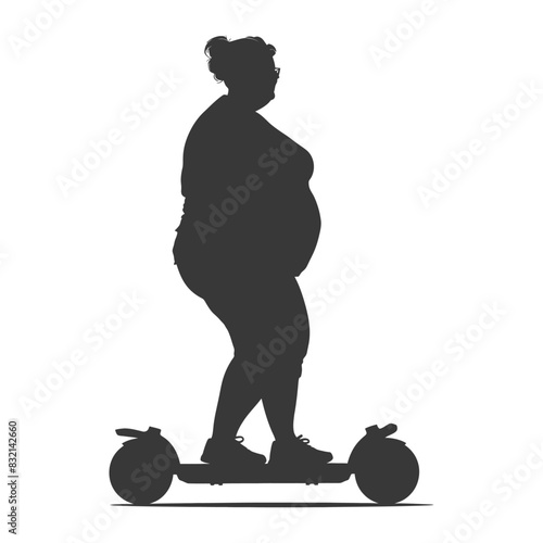 silhouette fat woman riding hoverboard full body black color only
