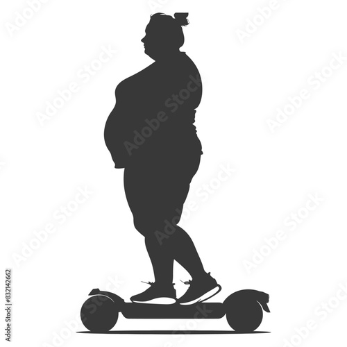 silhouette fat woman riding hoverboard full body black color only