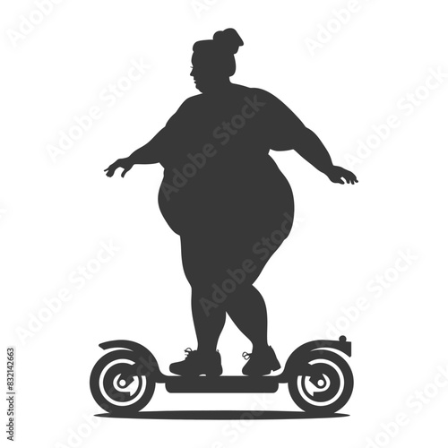 silhouette fat woman riding hoverboard full body black color only